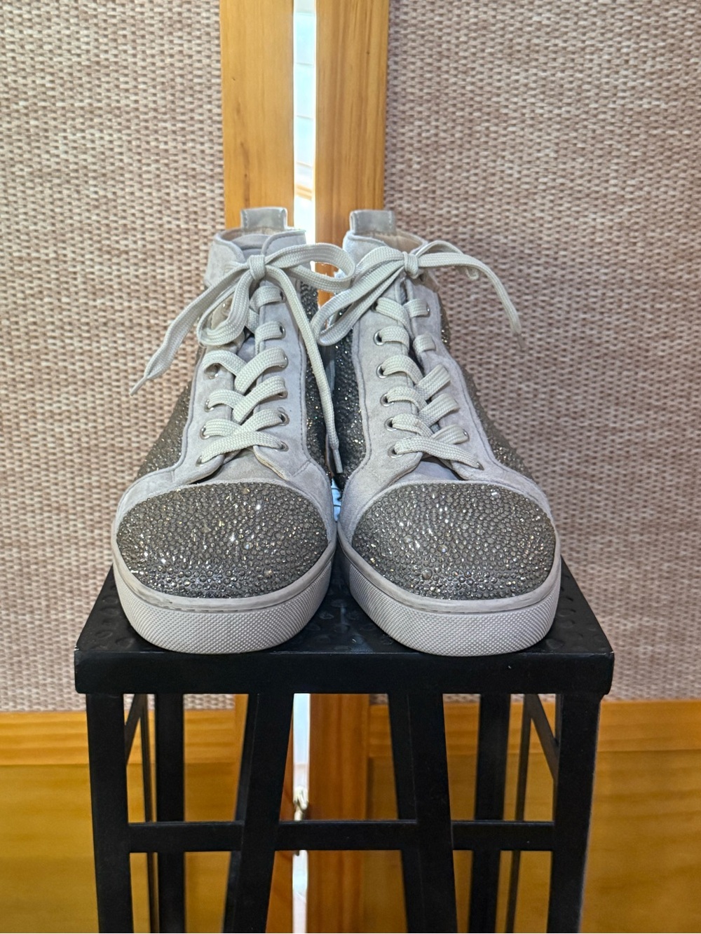 Louboutin Men’s Strass and Suede High-Top Sneakers - Creme